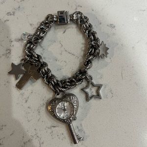 Dufonte Silver Charm Bracelet Watch Cross Key Heart Star